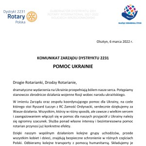 Komunikat Zarządu Dystryktu 2231 - Pomoc Ukrainie