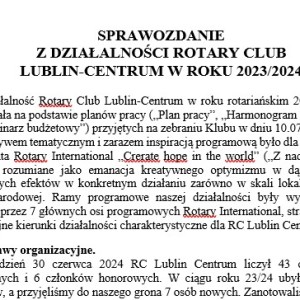 SPRAWOZDANIE Z DZIAŁALNOŚCI ROTARY CLUB LUBLIN-CENTRUM W ROKU 2023/2024